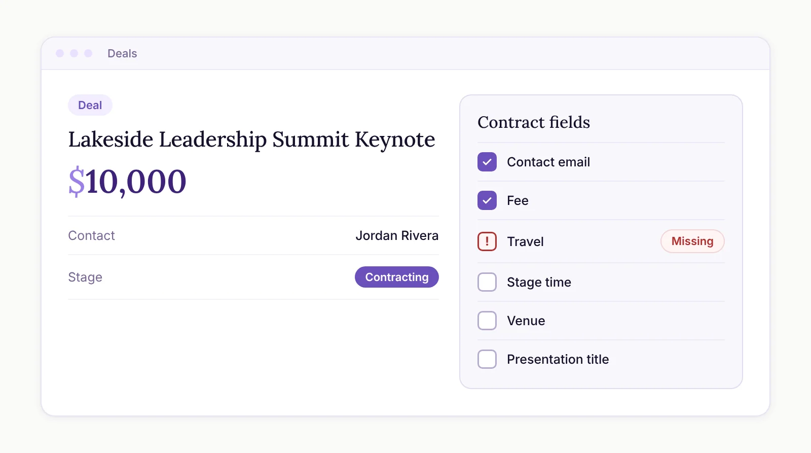 A deal record for a sample keynote with a contract fields checklist beside it.