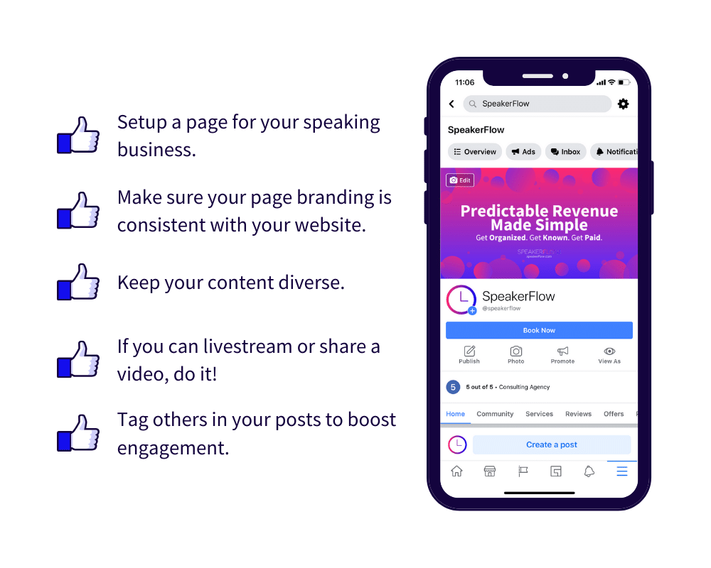 Facebook Strategy Graphic for How To Market Yourself As A Speaker The Ultimate Guide Blog - SpeakerFlow
