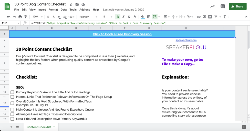 Blog Checklist Spreadsheet Screenshot - SpeakerFlow