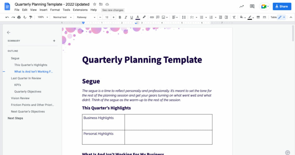 Quarterly Planning Template Screenshot - SpeakerFlow