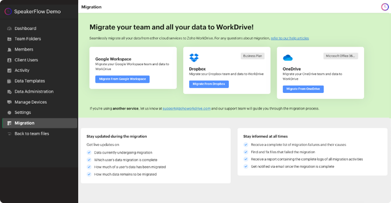 Stress-Free Migrations​ Image for Workdrive Features Page - SpeakerFlow