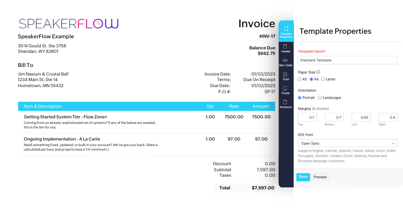 Customizable Invoices Image for Invoice Features Page - SpeakerFlow